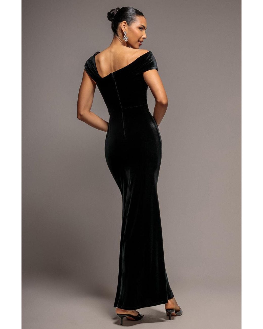 Goddiva Blue One Shoulder Velvet Maxi Dress