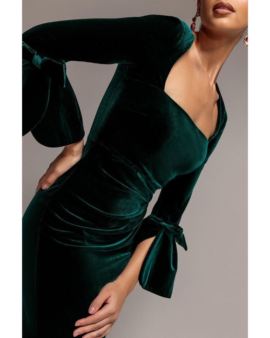 Goddiva Black Petal Bow Sleeve Frill Velvet Maxi Dress