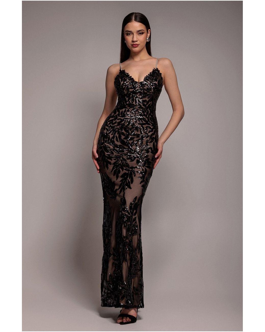 Goddiva Black Cross Back Diamante Strap Sequin Maxi