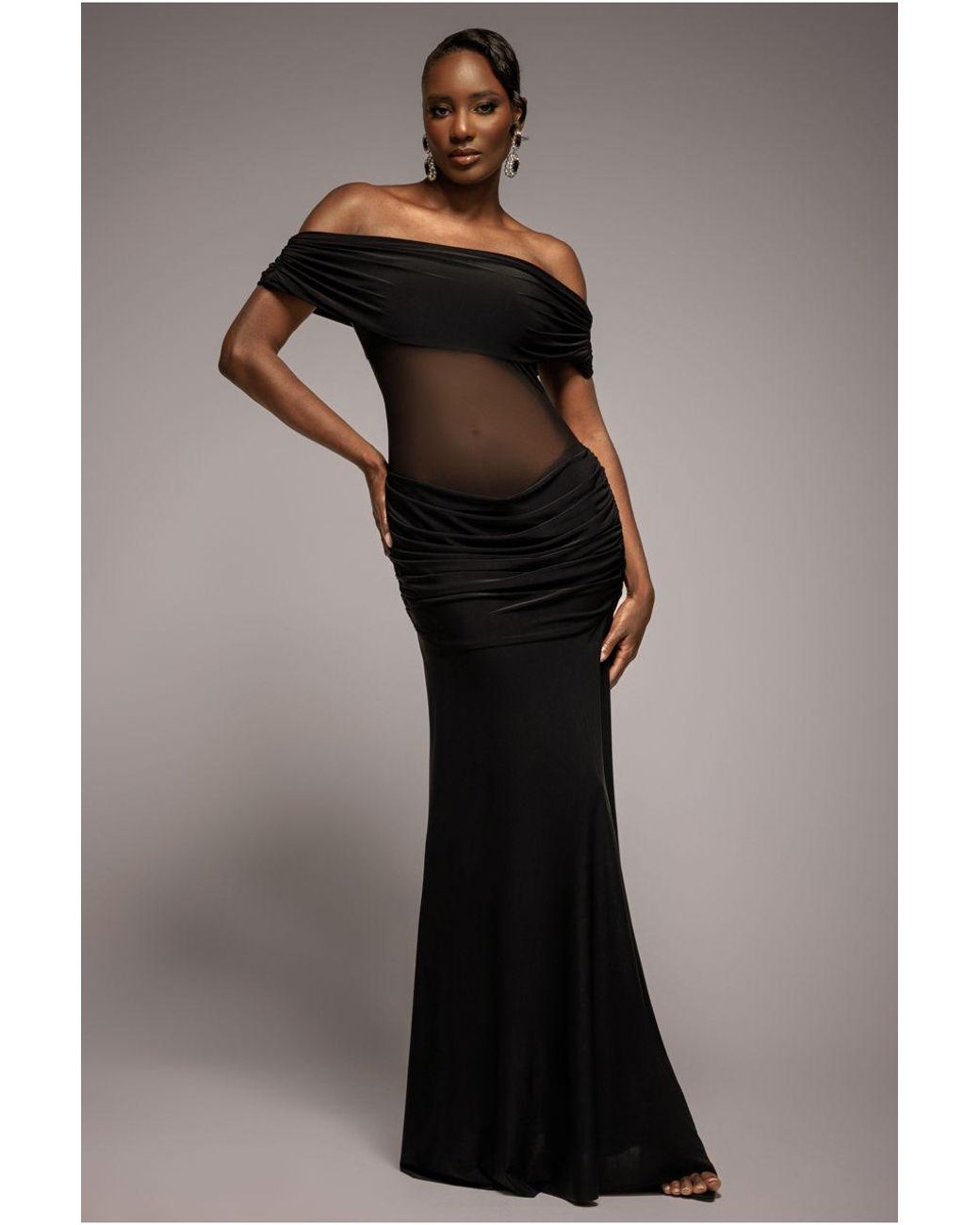 Goddiva Gathered Off The Shoulder Mesh Waist Panel Maxi Dress in Black |  Lyst