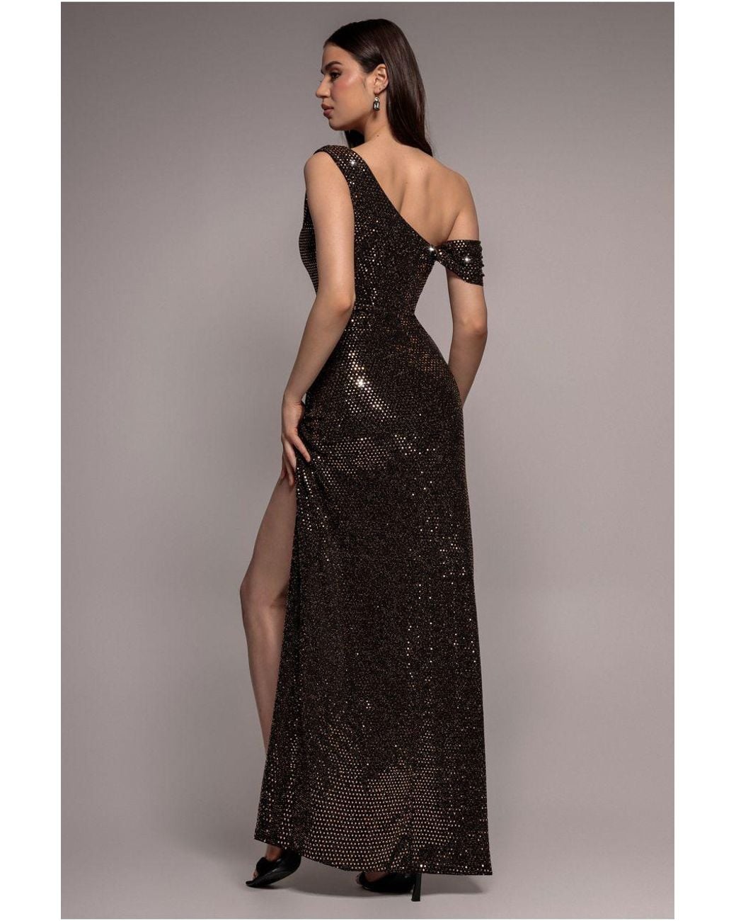 Goddiva Brown Cowl Neck Sequin Glitter Draped Maxi Dress