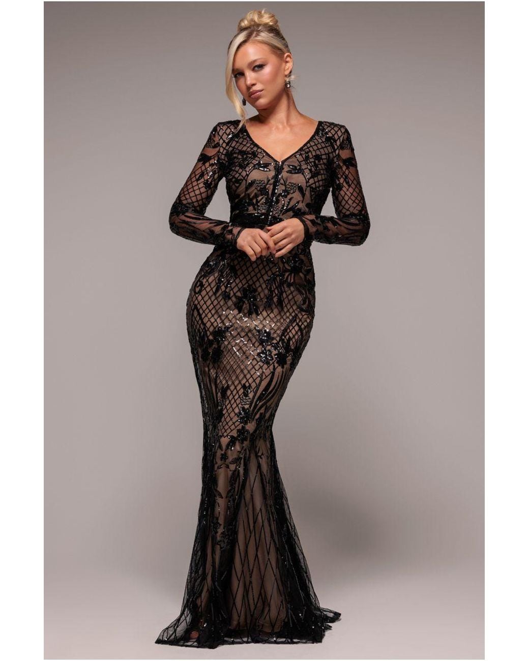Goddiva Black Full Sleeve Sequin Evening Dress