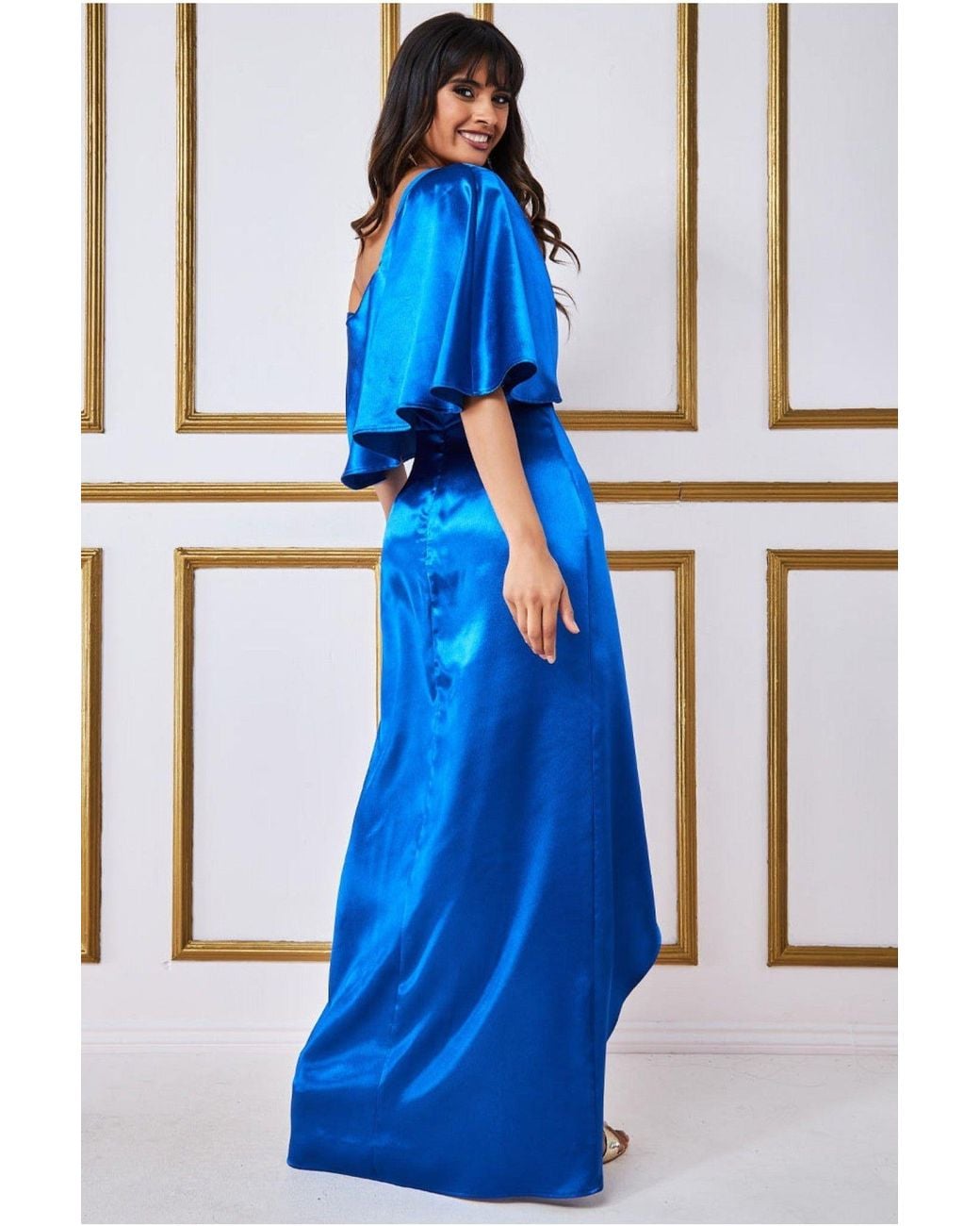 Goddiva Blue Satin Drape Shoulder Wrap Maxi Dress