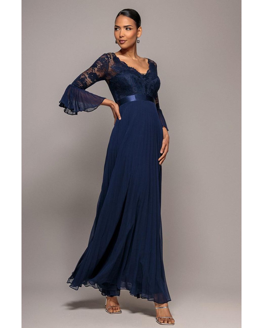 Goddiva Green Scalloped Lace Bodice Pleated Chiffon A Line Maxi Dress