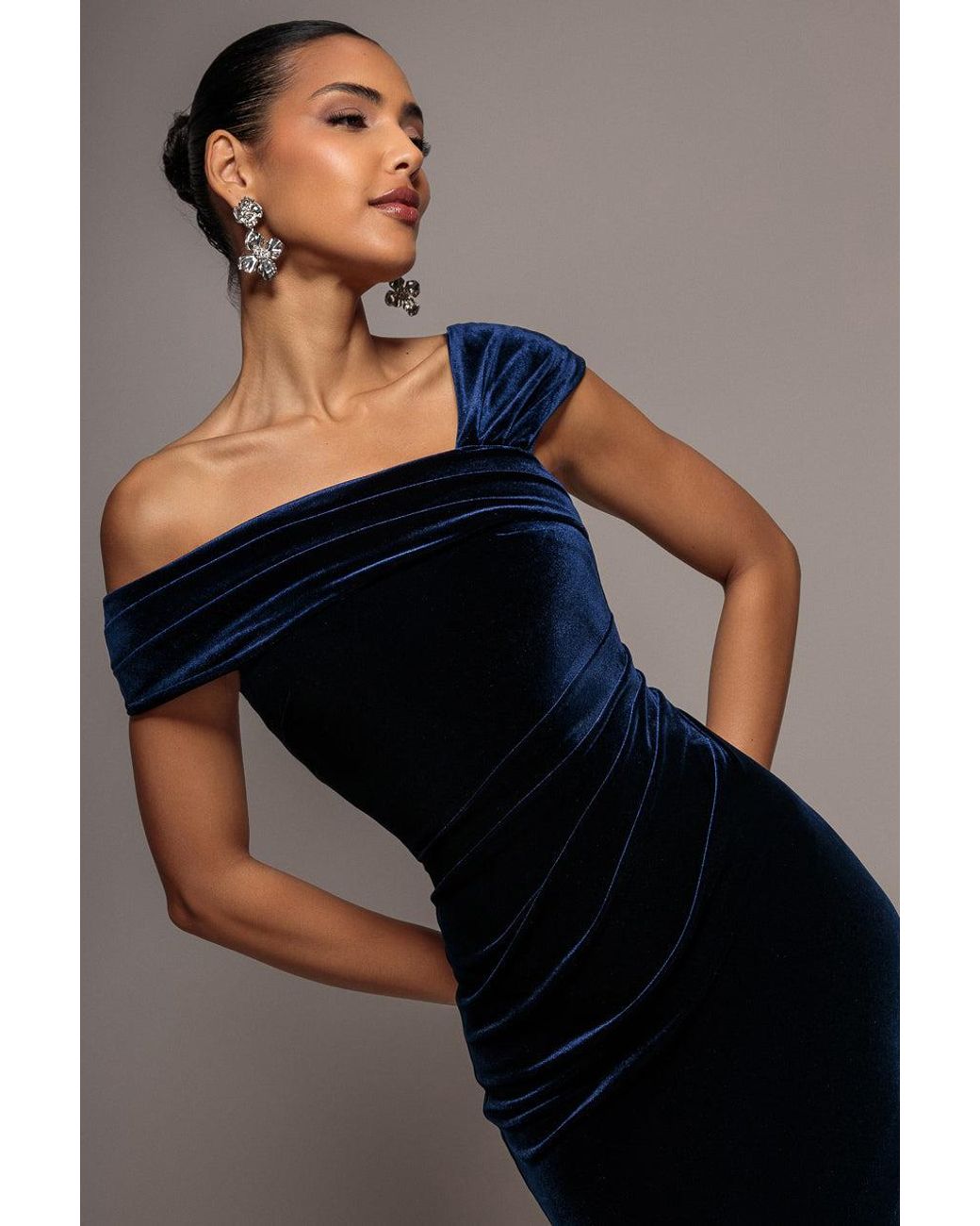 Goddiva Blue One Shoulder Velvet Maxi Dress