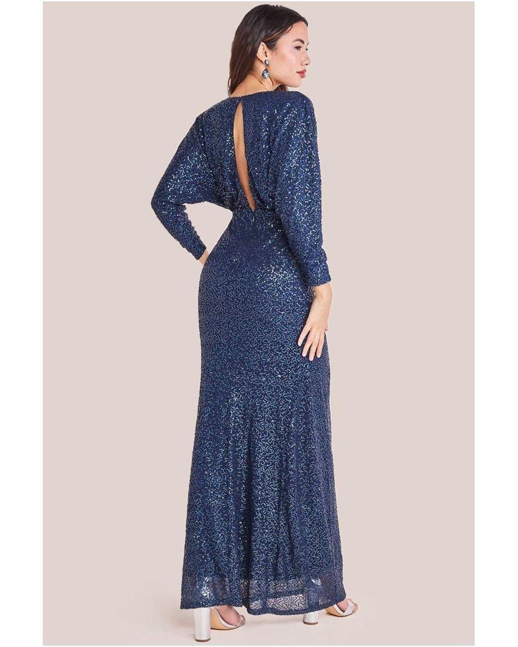 Goddiva Blue Plunge V-neck Sequin Maxi
