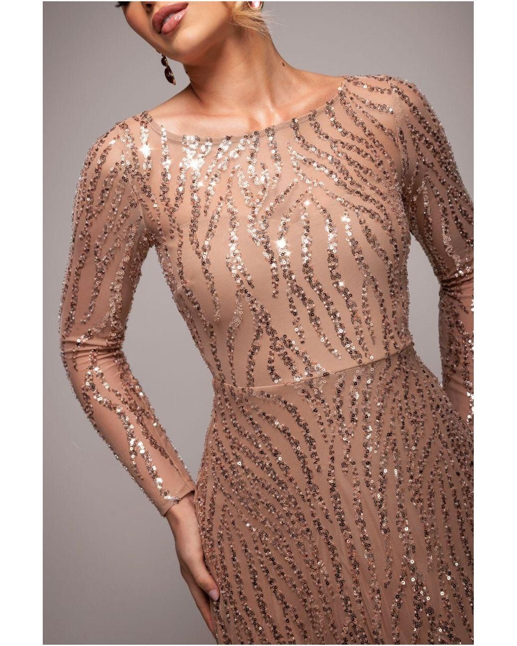 Goddiva Brown Ombre Sequin Beaded Flared Long Sleeve Maxi Dress