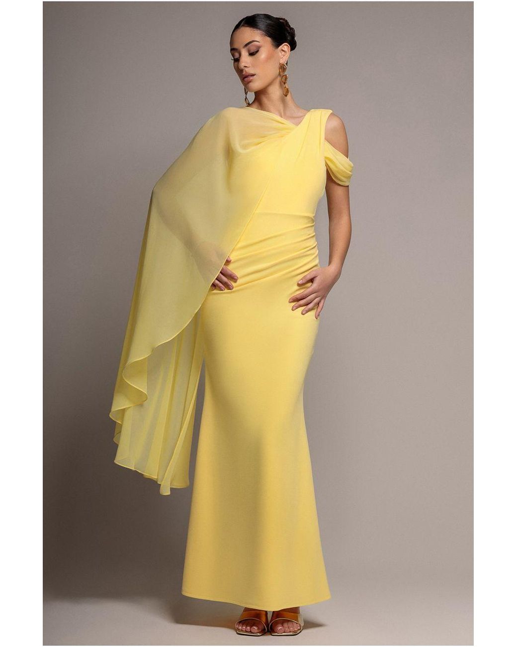 Goddiva Multicolor One Shoulder Chiffon Cape Crepe Maxi Dress