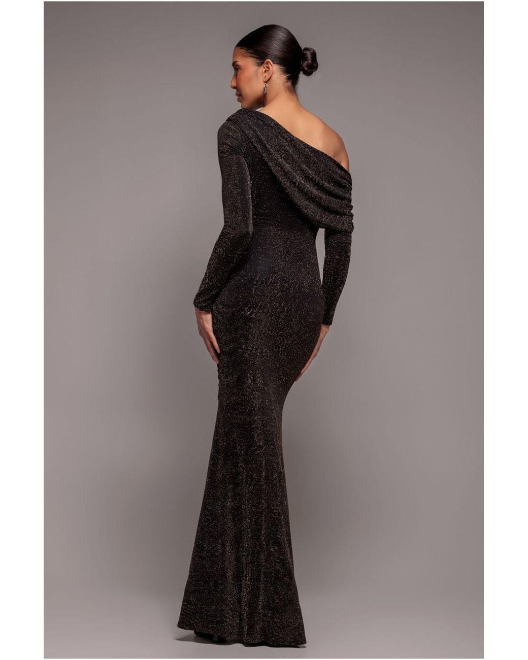 Goddiva Black Off The Shoulder Gathered Panel Sparkle Lurex Maxi Dress