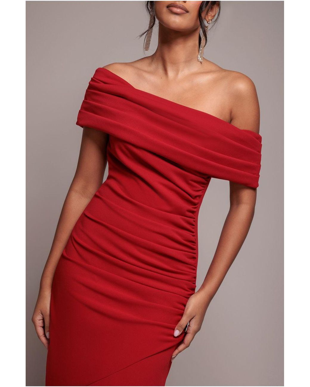 Goddiva Red Pleated One Shoulder Bardot Fit And Flare Maxi Dress