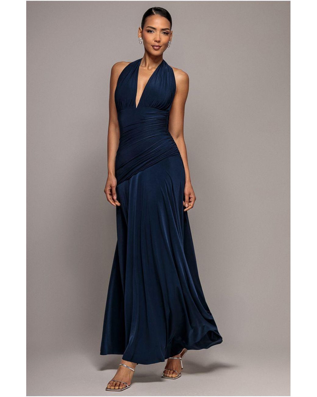 Goddiva Blue Halter Neck Empire Waist Gathered Maxi Dress