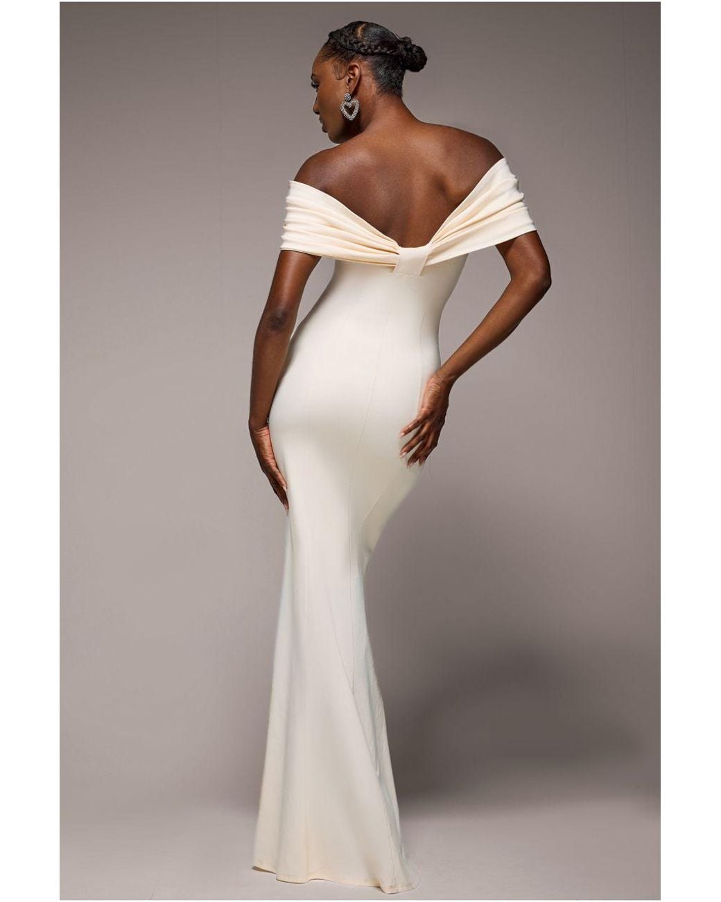Goddiva Natural Bardot Bow Neck Maxi Dress