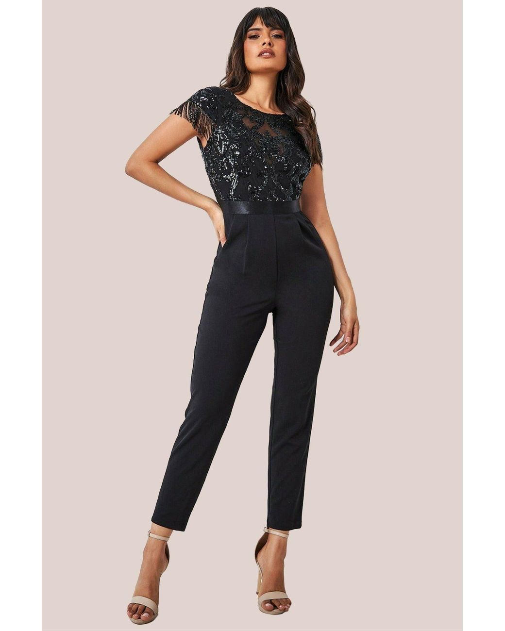 Goddiva Black Tassel Sequin Jumpsuit