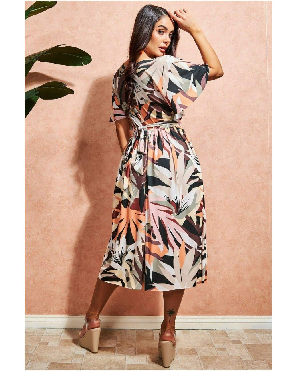 Goddiva Brown Leaf Print Midi With Flutter Sleeves