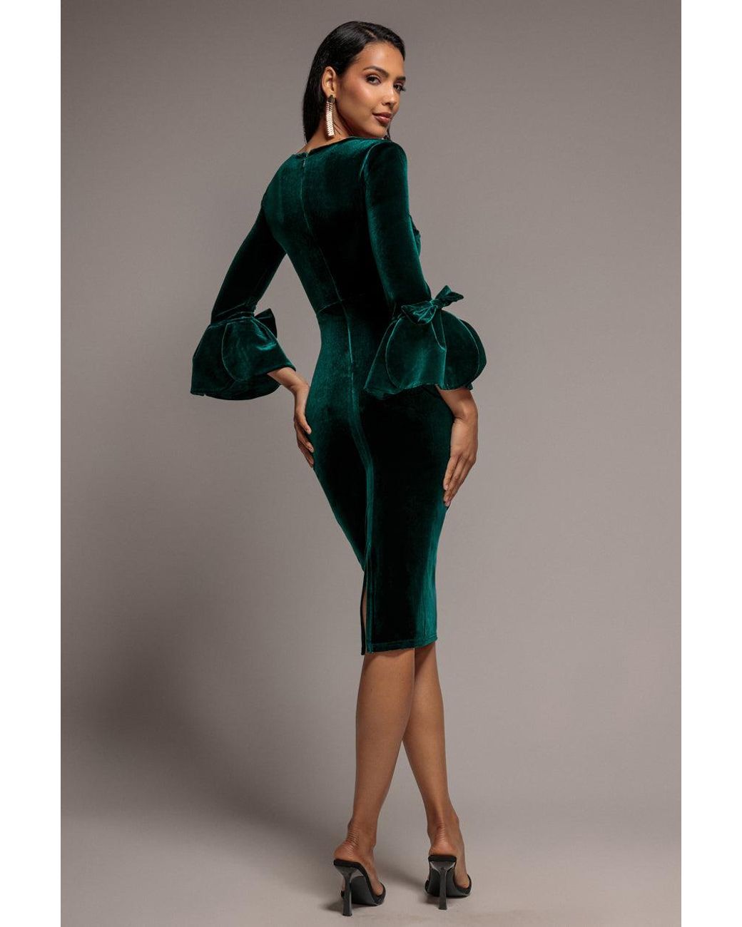 Goddiva Green Petal Bow Sleeve Frill Velvet Midi Dress