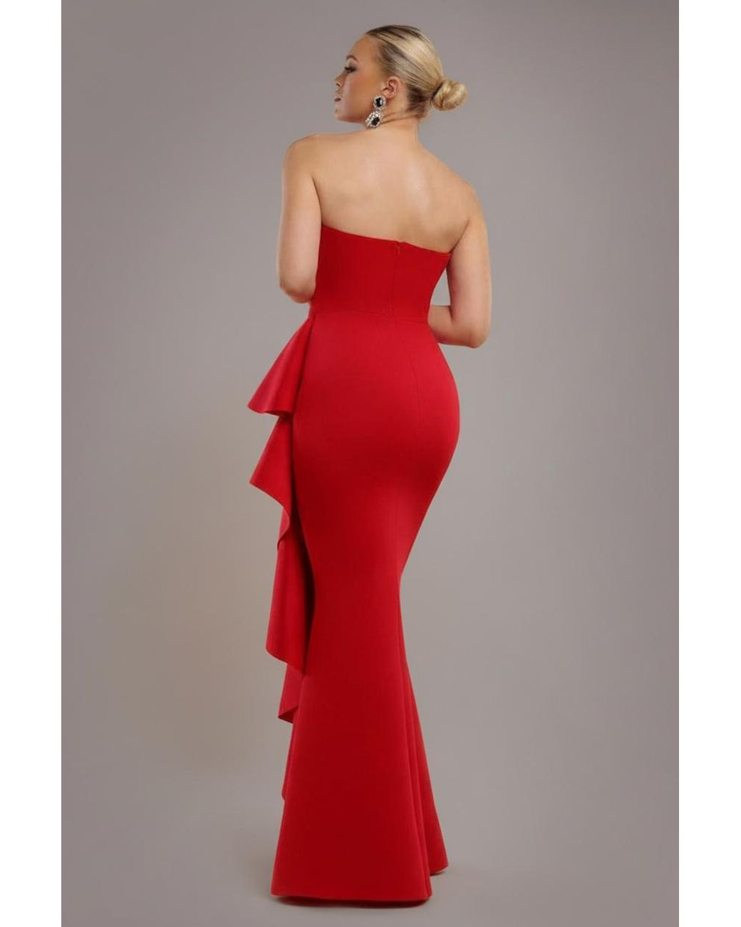 Goddiva Red Boobtube Peplum Waterfall Frill Maxi Dress