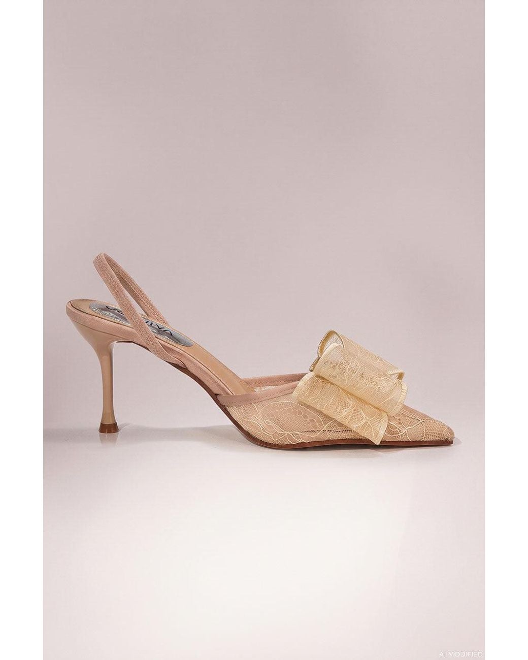 Goddiva Brown Pointed Toe Lace Bow Stiletto Slingback Heels