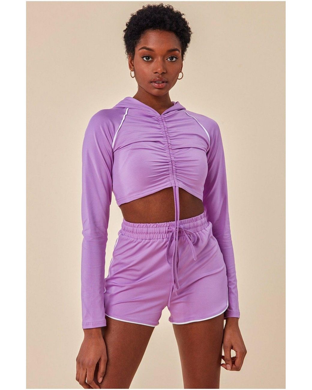Cosmochic Purple Jersey Short Set With Drawstring Top