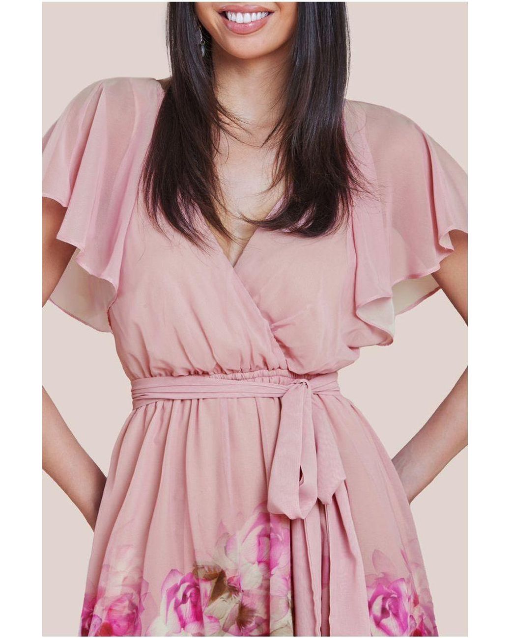 Goddiva Pink Chiffon Lurex Floral Border Print Midi Dress