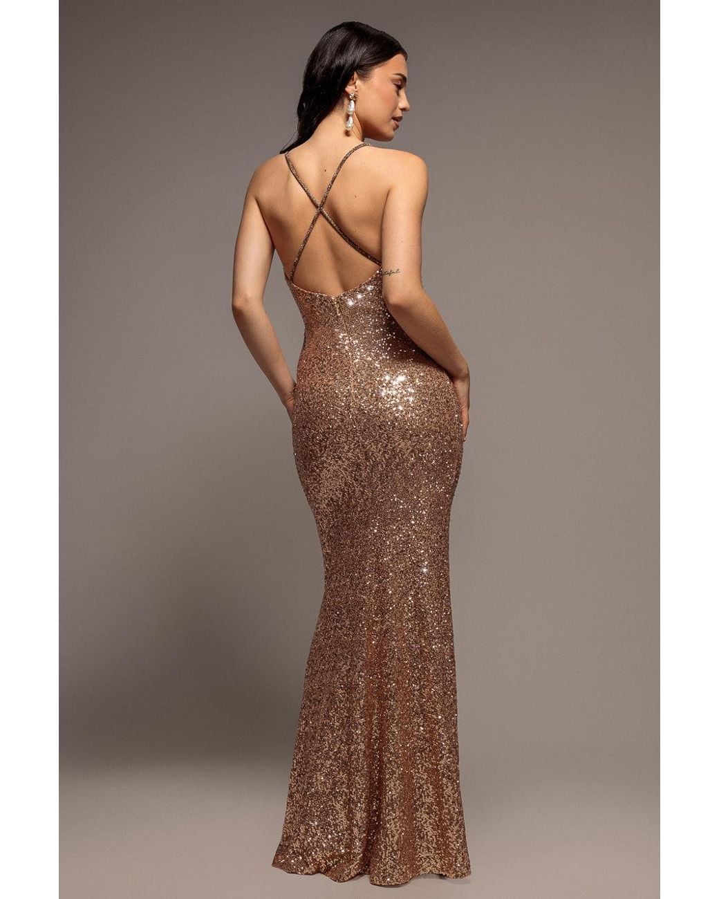 Goddiva Brown Plunge Cowl Criss Cross Back Sequin Maxi Dress