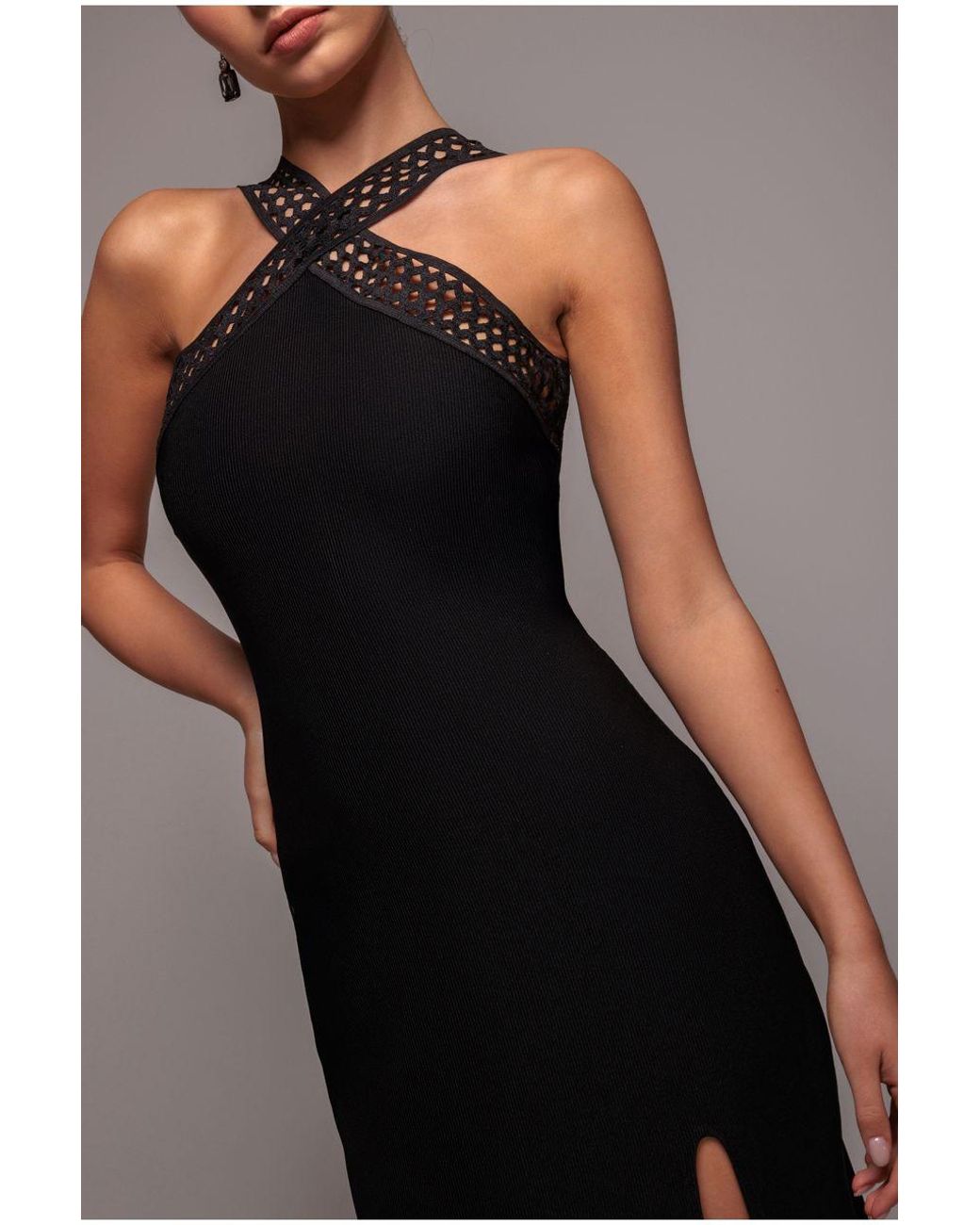 Goddiva Blue Ribbed Criss Cross Halter Neck Maxi Dress With Thigh Split