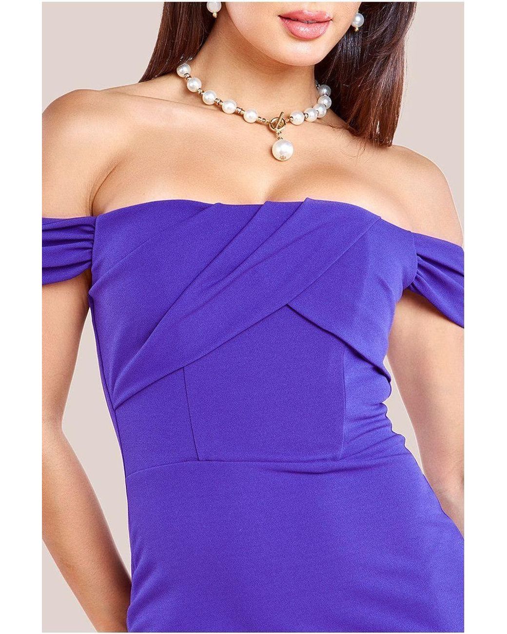 Goddiva Purple Pleated Bardot Scuba Maxi Dress
