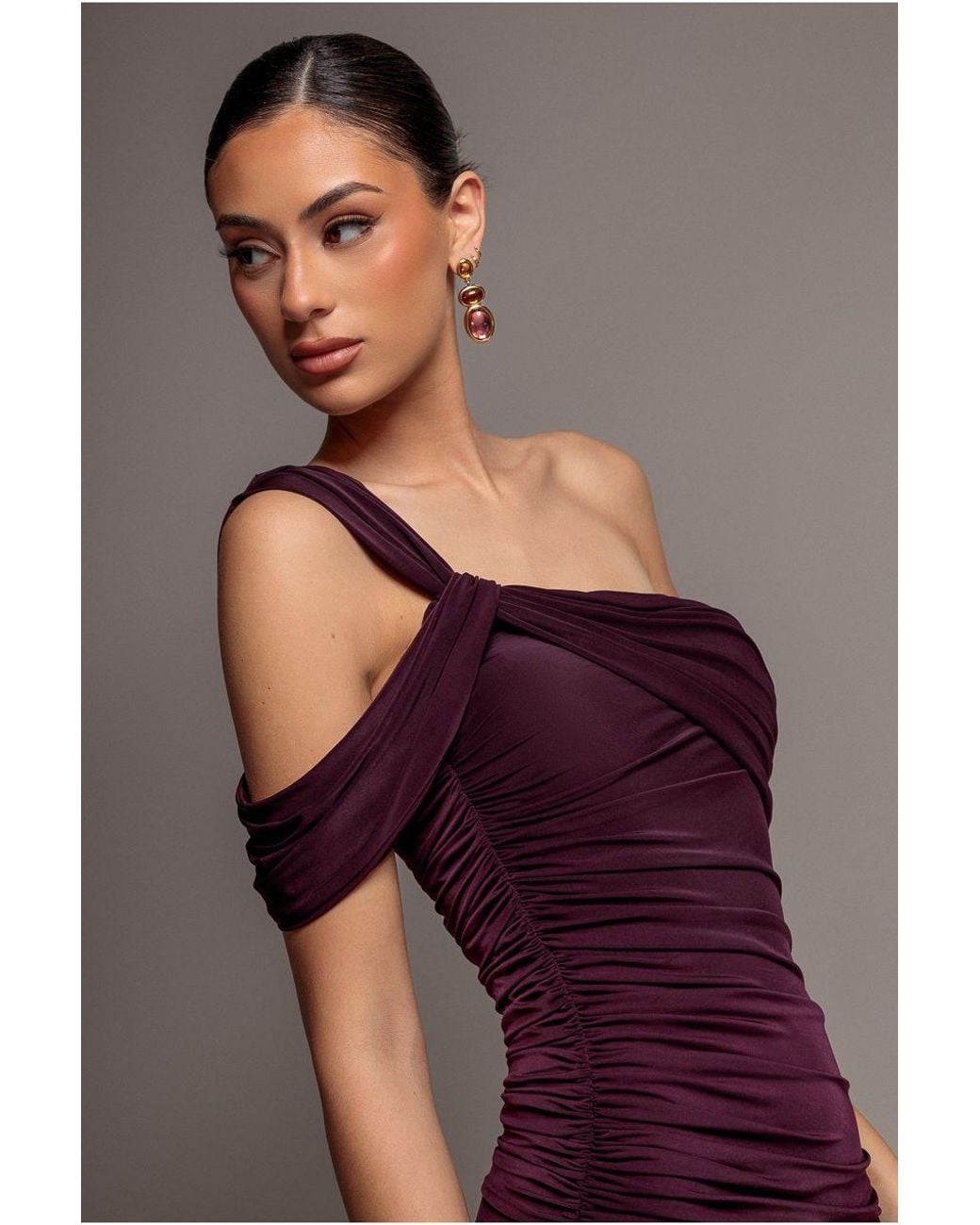 Goddiva Brown One Shoulder Asymmetric Twist Maxi Dress