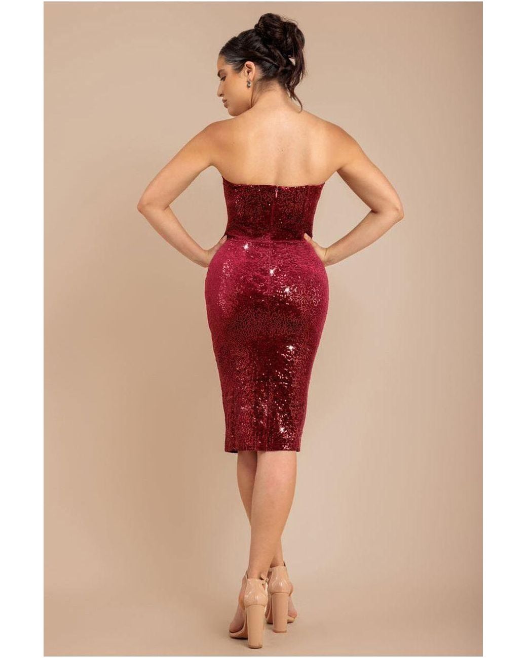 Goddiva Red Bandeau Sequin & Velvet Midi Dress