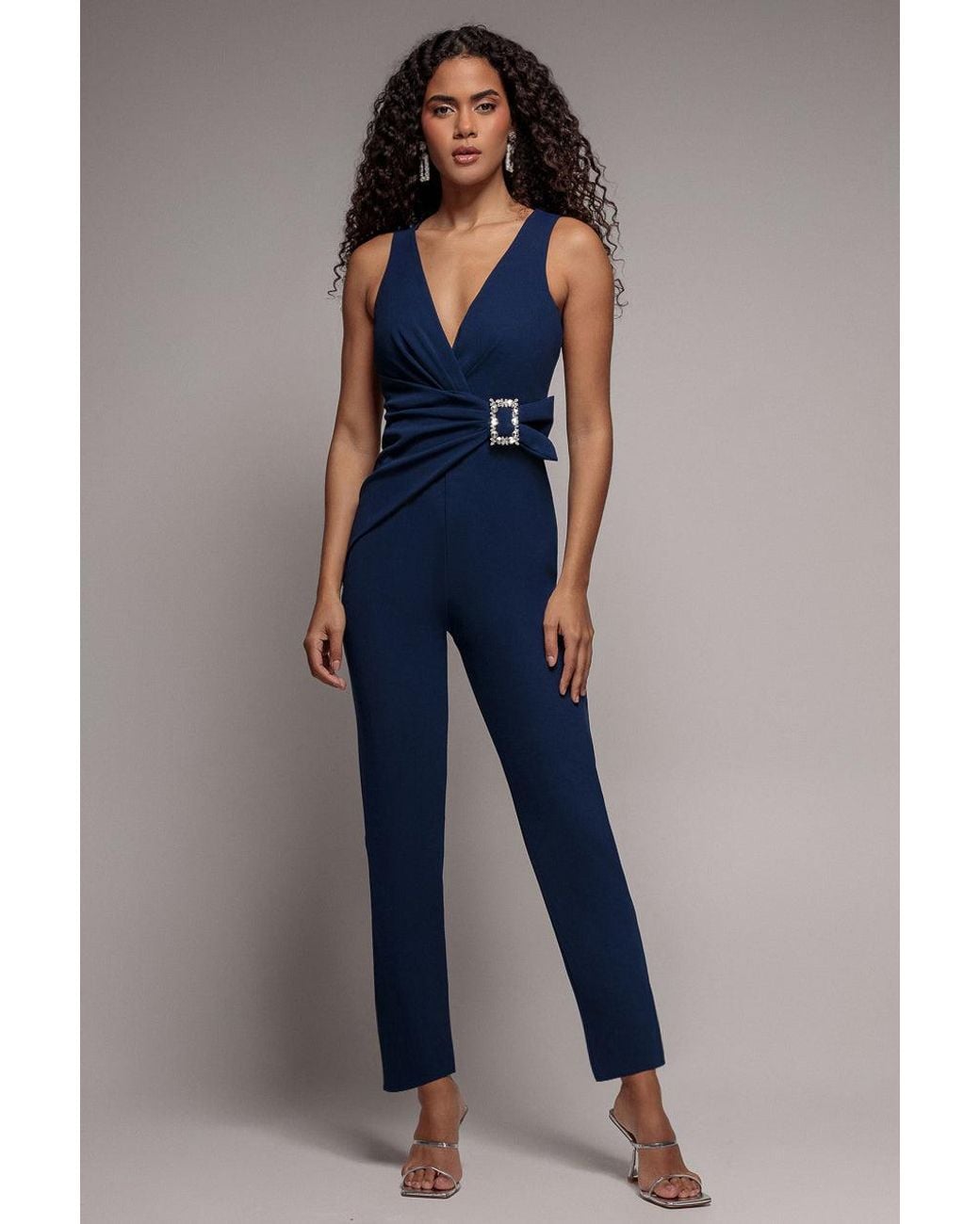 Goddiva Blue Buckle Plunge Bow Detail Jumpsuit