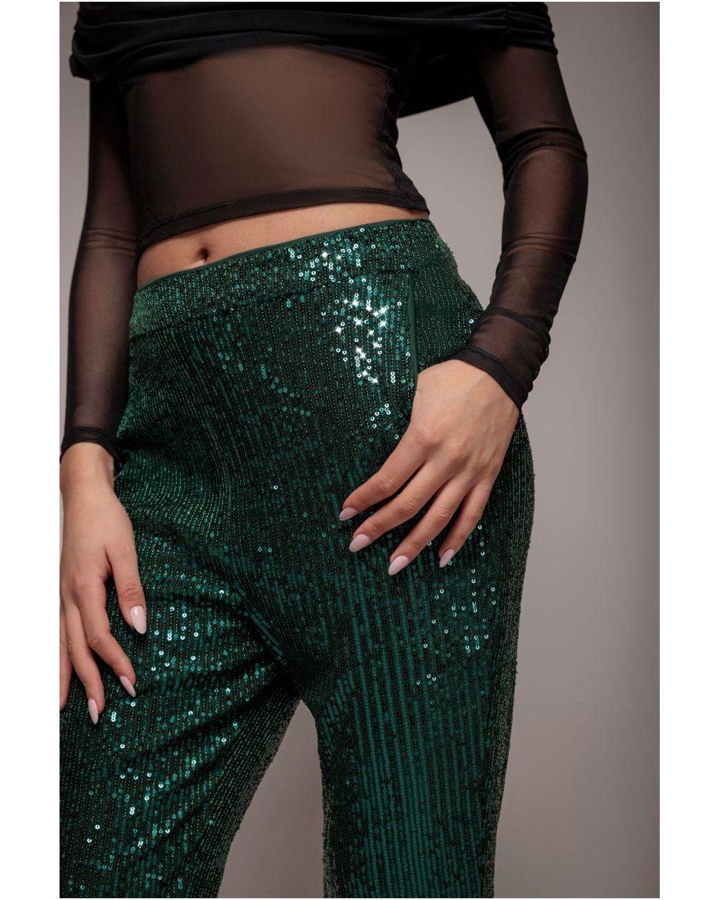 Goddiva Green Sequin Cuffed Ankle Trouser