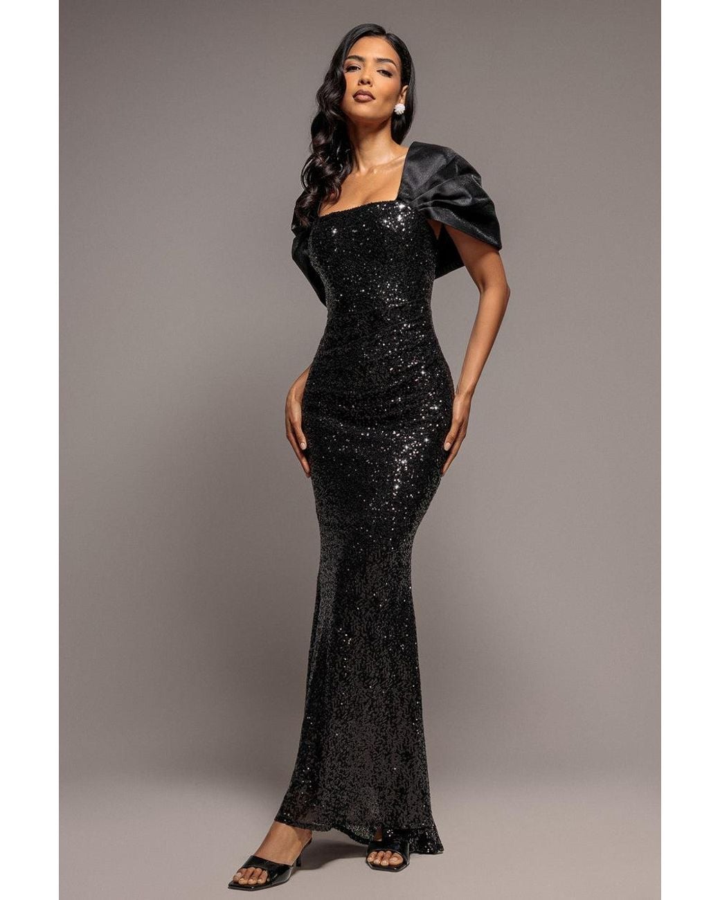 Goddiva Gray Satin Bow Back Off The Shoulder Sequin Maxi Dress