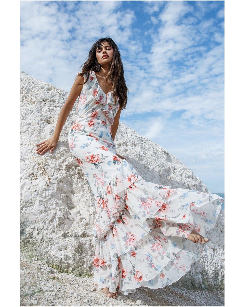 Goddiva floral clearance sleeve maxi dress