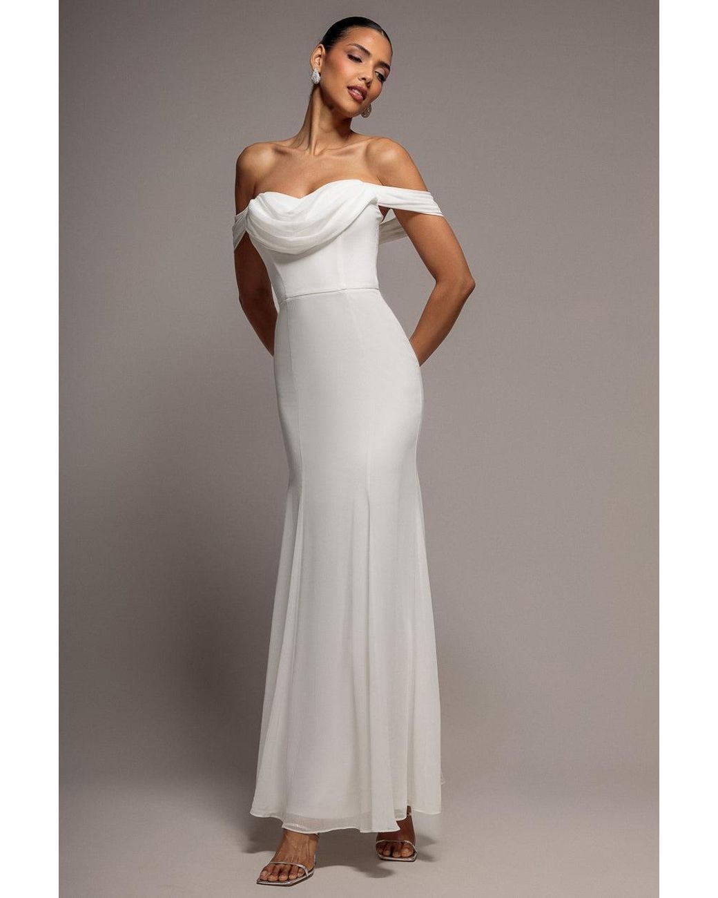 Goddiva Gray Chiffon Bardot Cowl Neck Maxi Dress