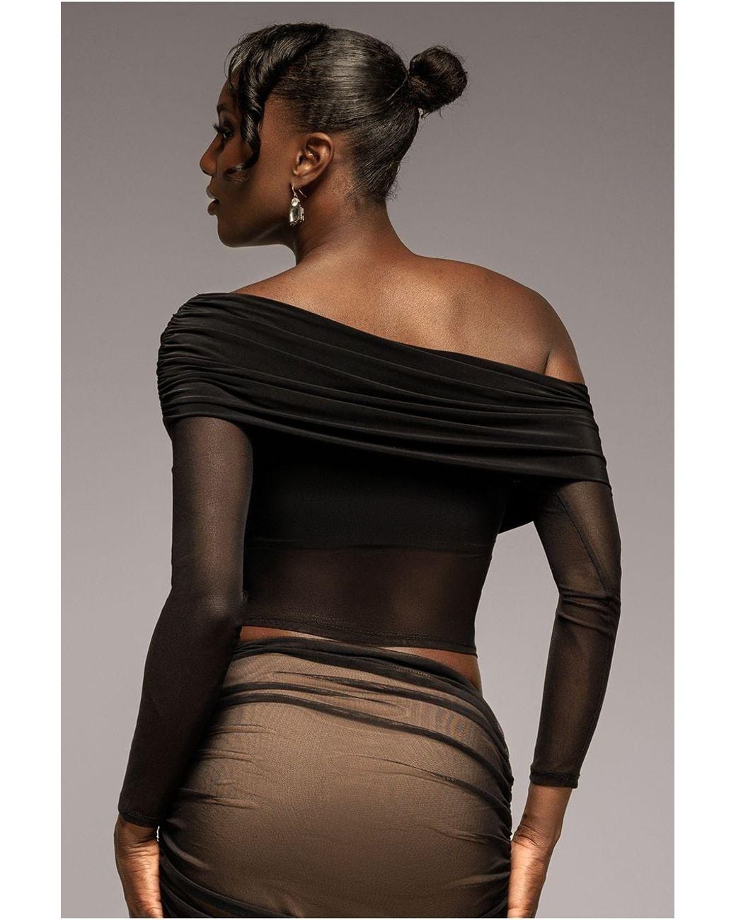 Goddiva Black Gathered Bardot Asymmetric Mesh Panel Top