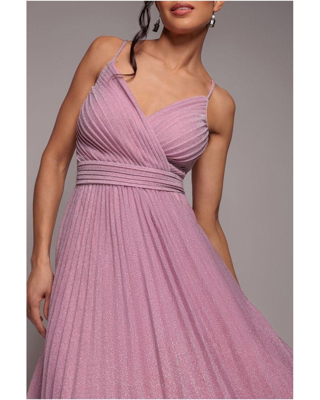Goddiva Pink Sleeveless Pleated A Line Lurex Maxi Dress