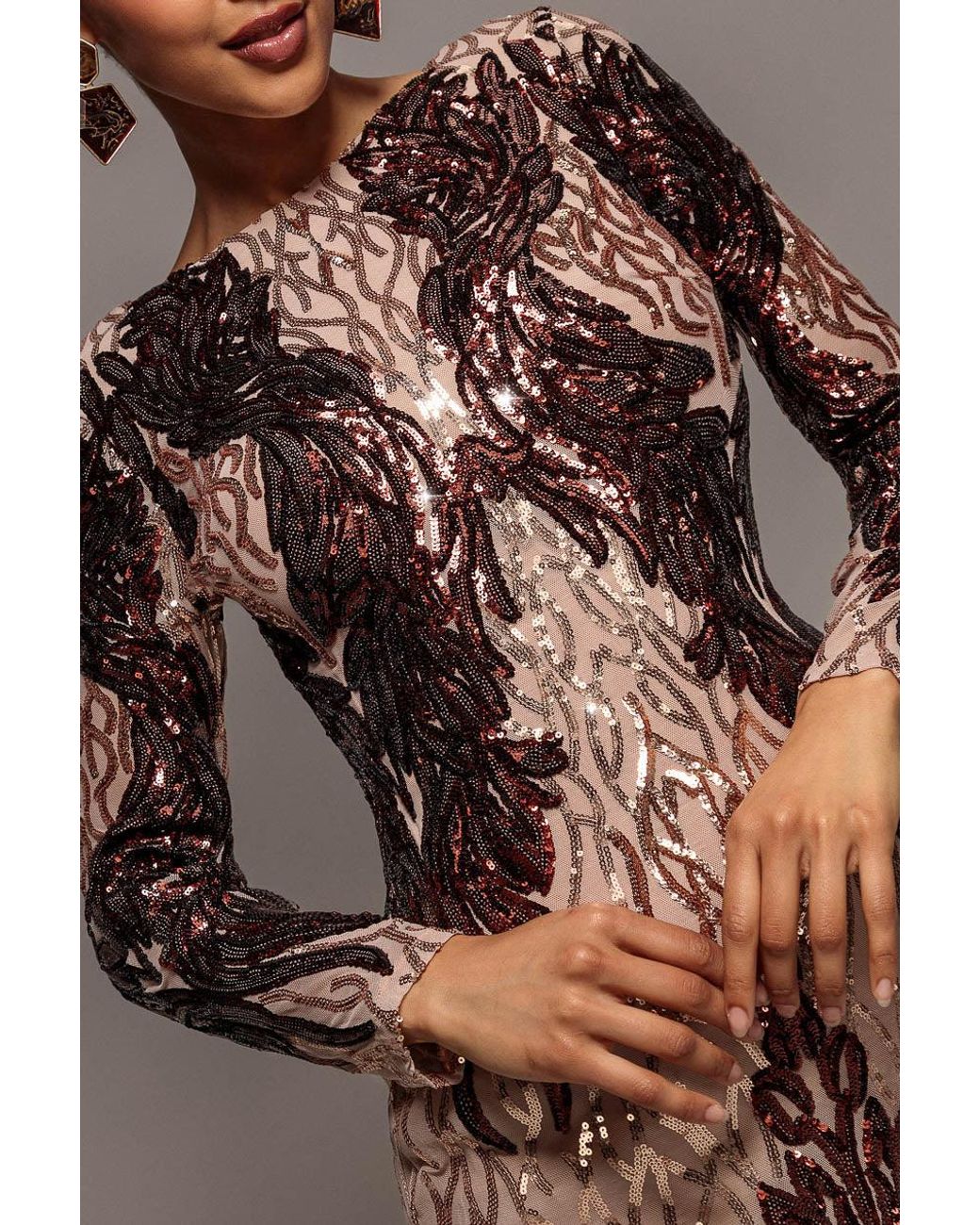Goddiva Brown Boat Neck Full Sleeve Sequin Midi Dress