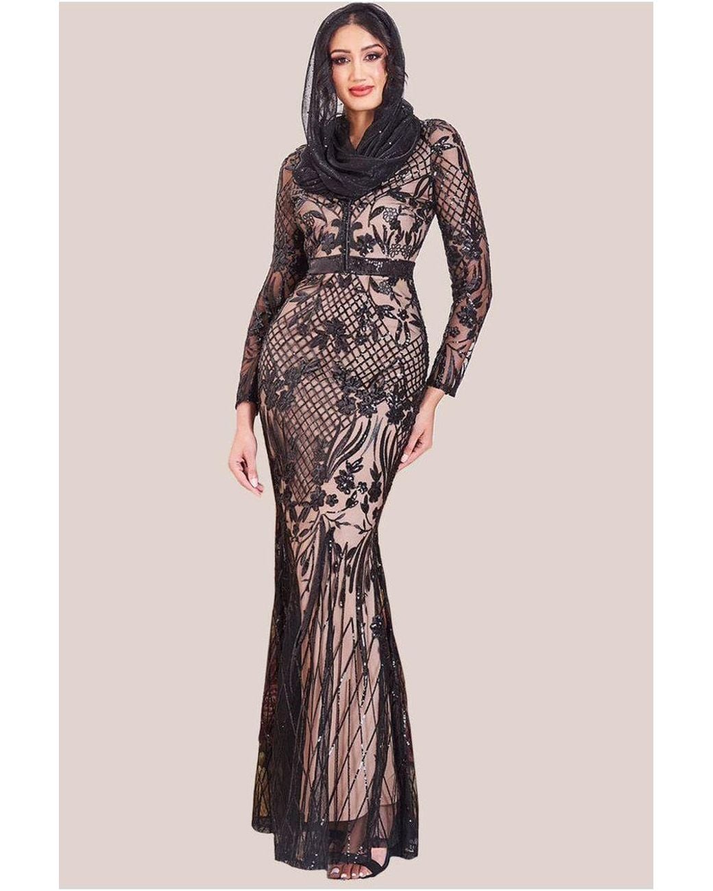 Goddiva Black Modesty Sequin Evening Maxi Dress