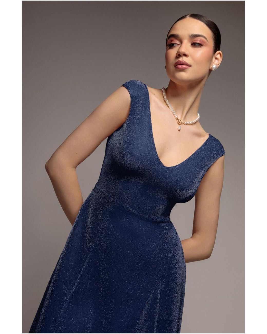 Goddiva Blue Off The Shoulder Lurex High Low Dress