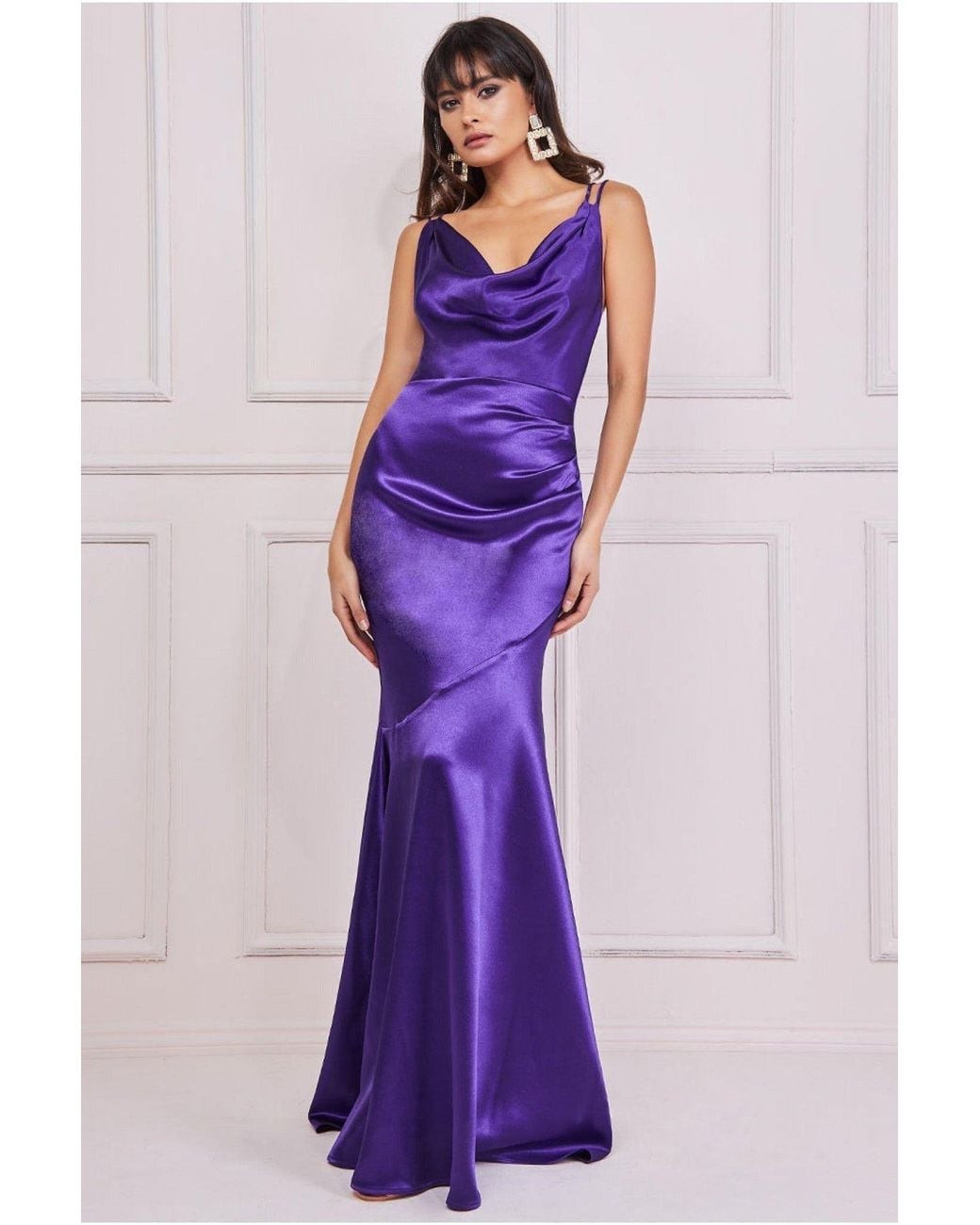 Goddiva Purple Cowl Neck With Strappy Back Satin Maxi