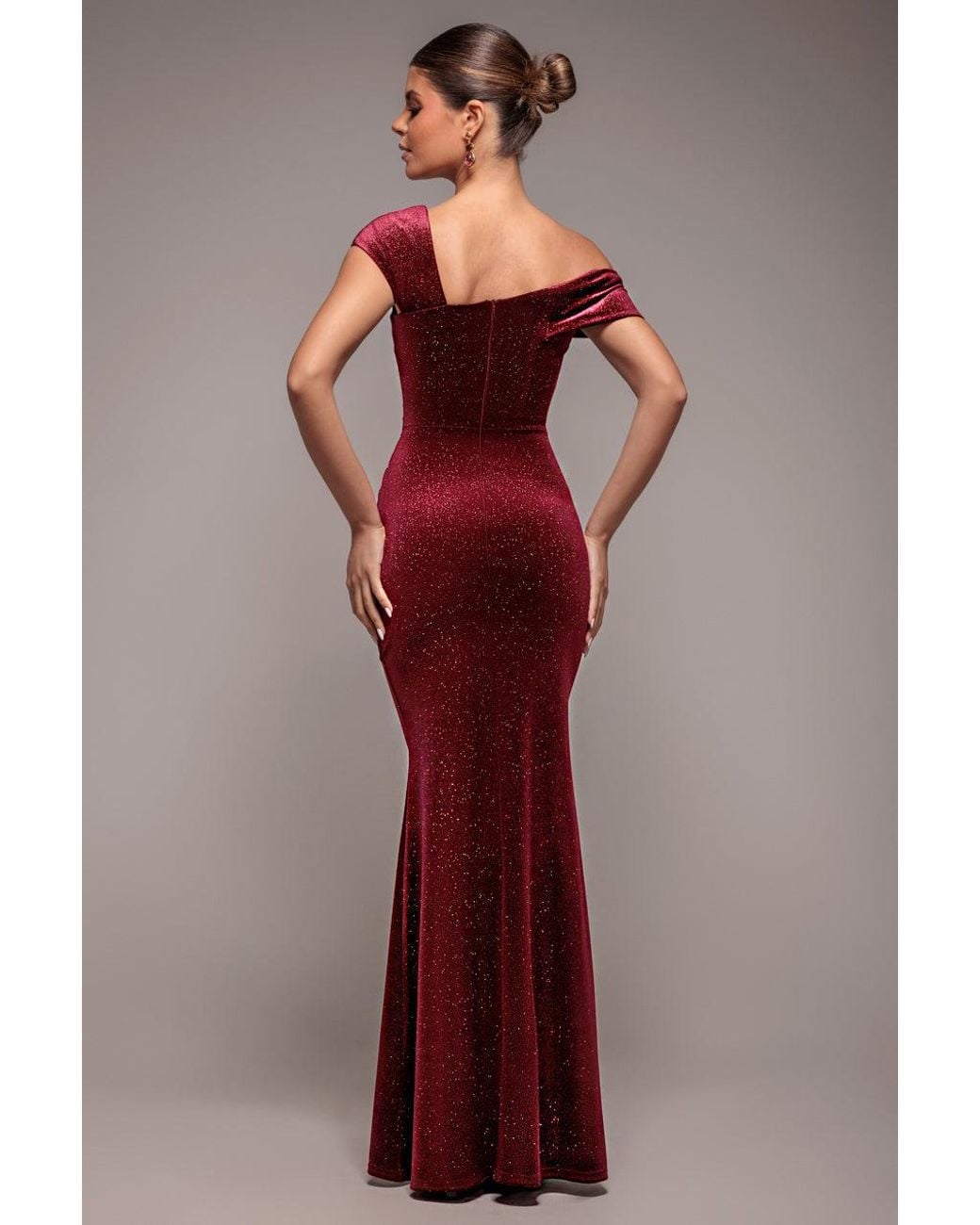 Goddiva Red Glitter Velvet One Shoulder Maxi Dress