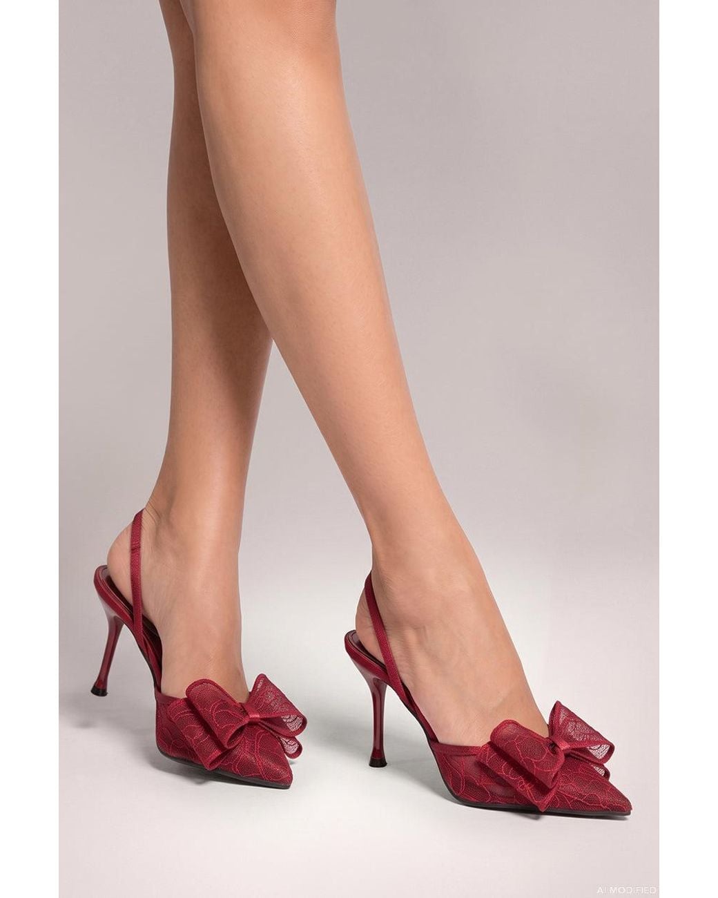 Goddiva Red Pointed Toe Lace Bow Stiletto Slingback Heels