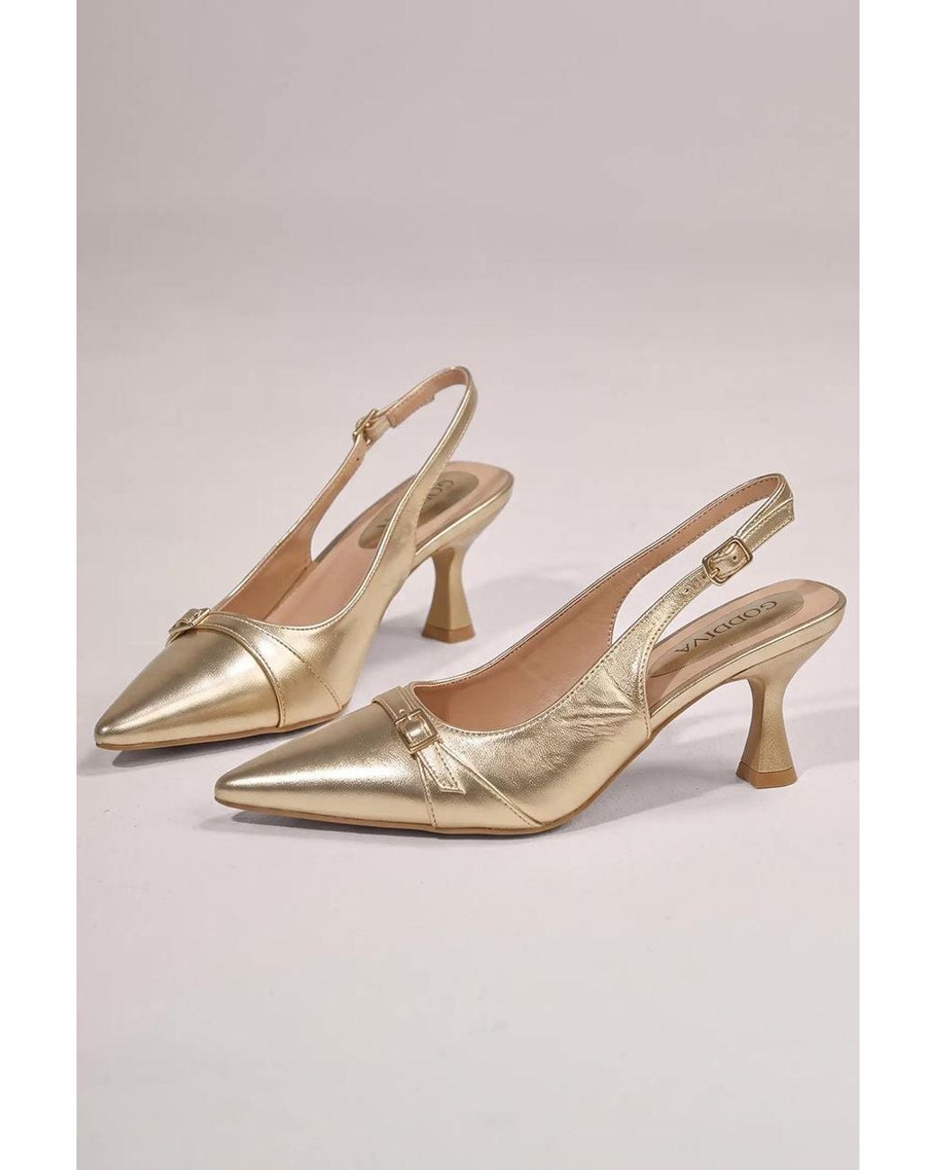 Goddiva Natural Metallic Pointed Toe Stiletto Kitten Heels