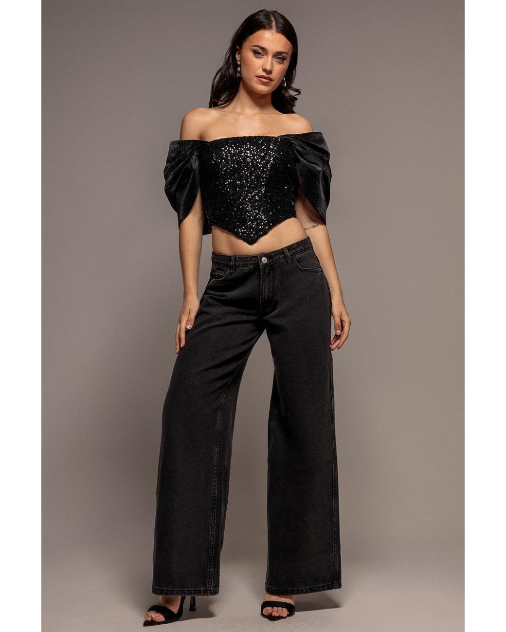 Goddiva Black Off Shoulder Corset Top With Back Satin Bow