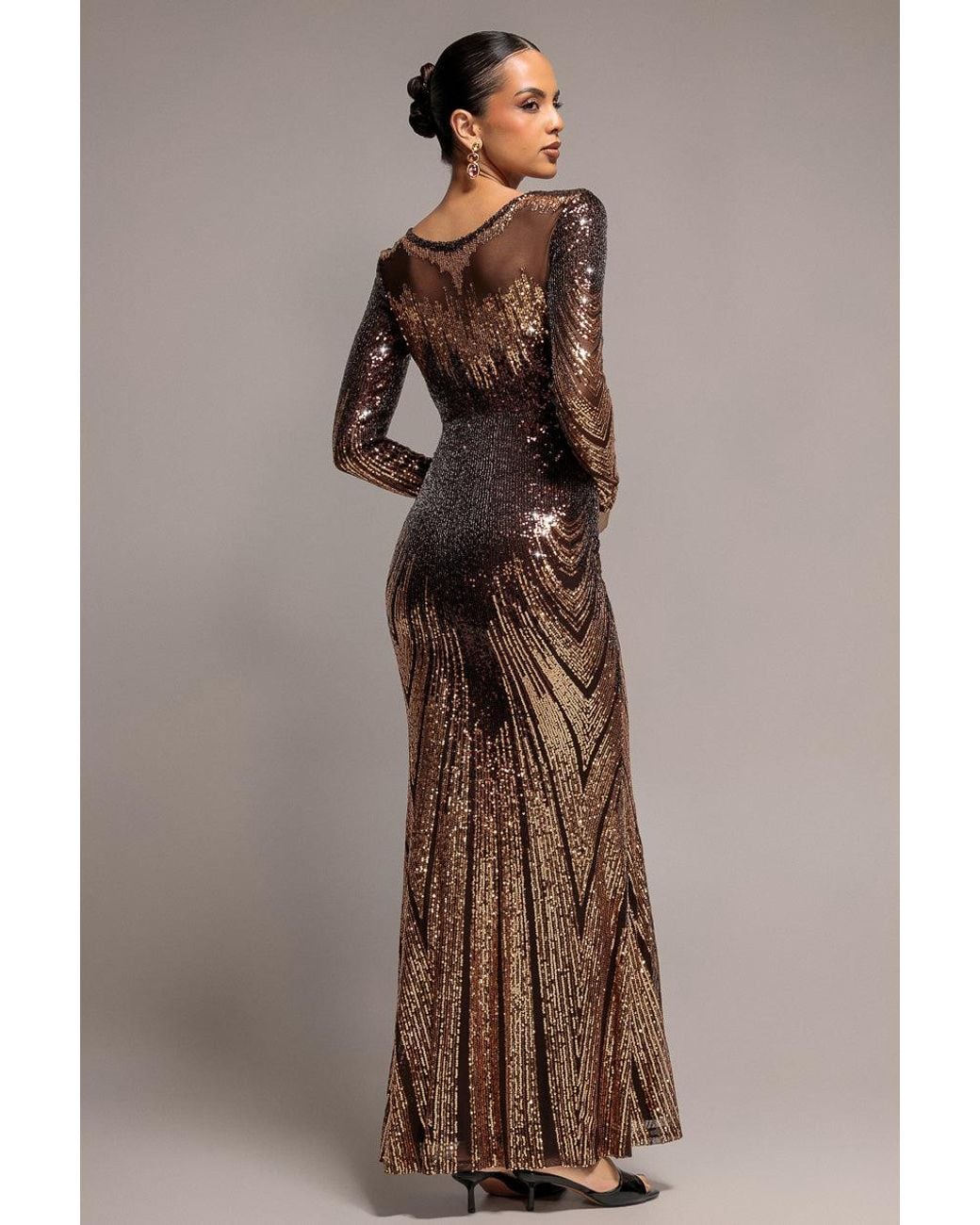 Goddiva Brown Long Sleeve Aztec Sequin Maxi Dress
