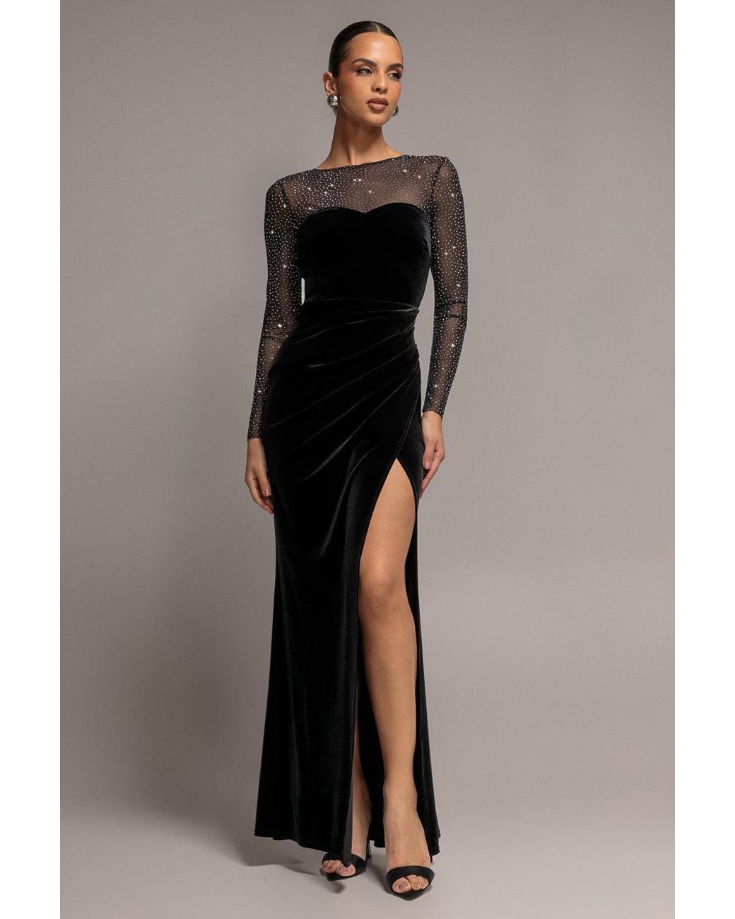 Goddiva Black Diamante Sleeves Illusion Neck Front Wrap Velvet Maxi Dress