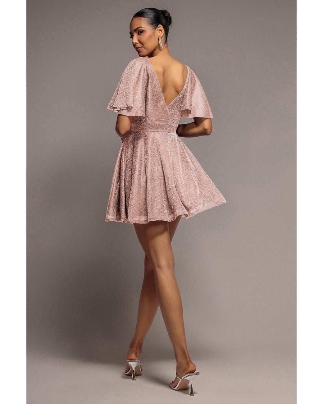 Goddiva Brown Sparkle Lurex Mini Skater Dress