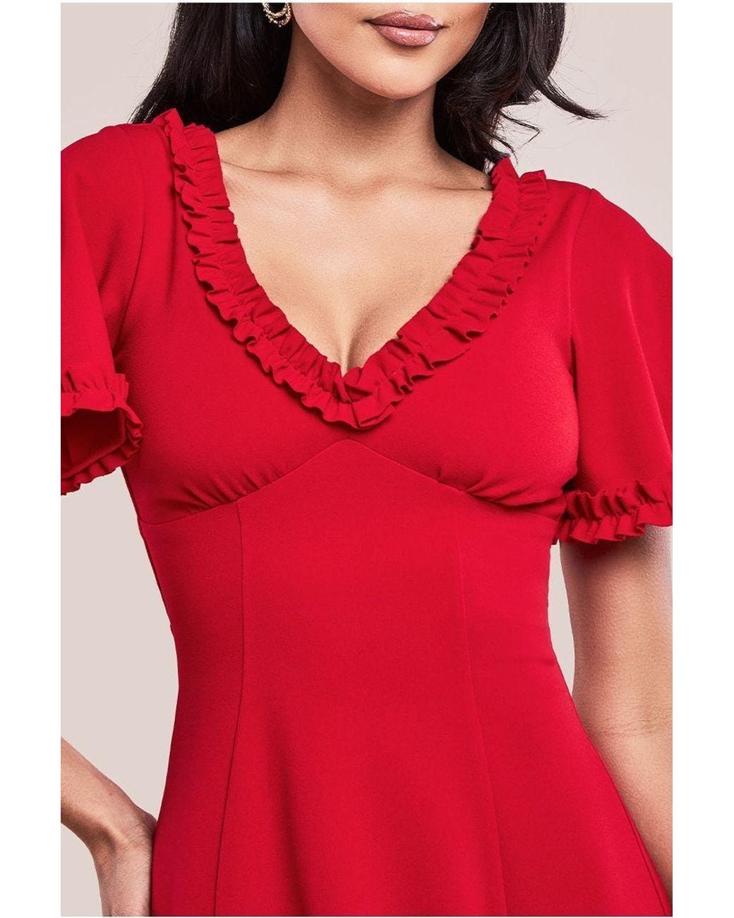 Goddiva Red Flare Sleeve Frill Edge Midi Dress