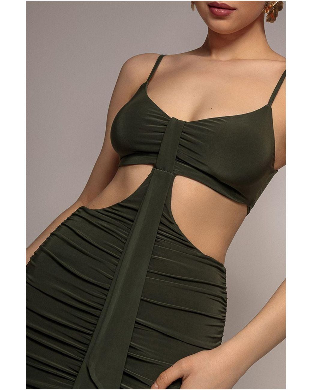 Goddiva Green Cut Out Ruched Bodycon Midi Dress