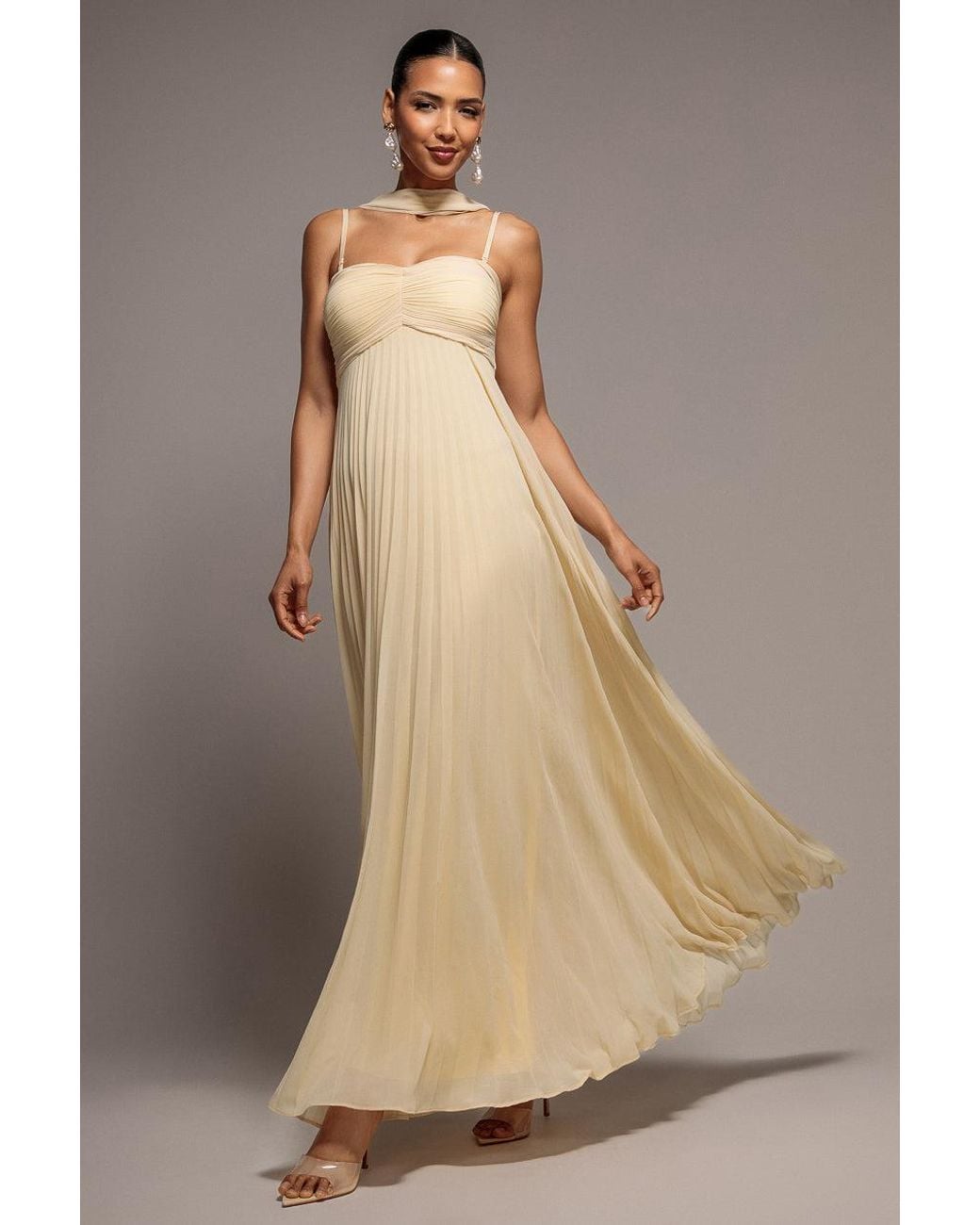 Goddiva Natural Sleeveless Pleated Chiffon Multiway Scarf Maxi Dress