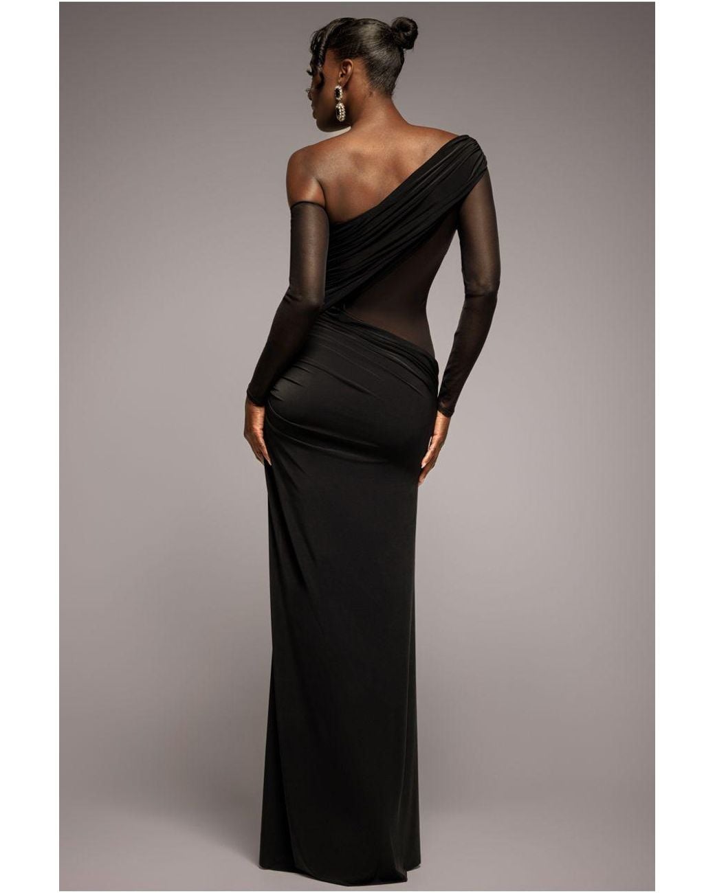 Goddiva Black Gathered Cowl Asymmetric Mesh And Soft Touch Maxi Dress